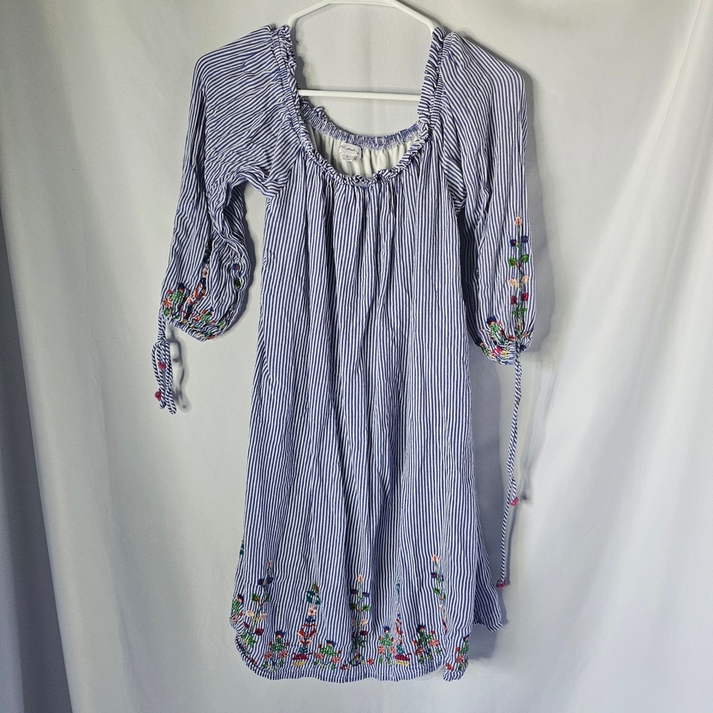 Ultra Pink Striped Embroidered Boho Mini Dress Small Blue White Cottagecore